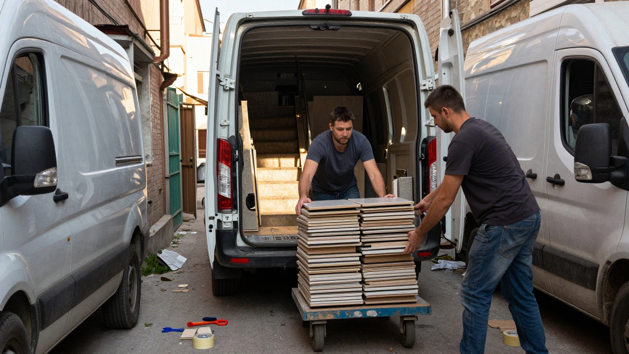 Работник грузит керамическую плитку в подъезд, второй поднимает груз по лестнице в Калуге.