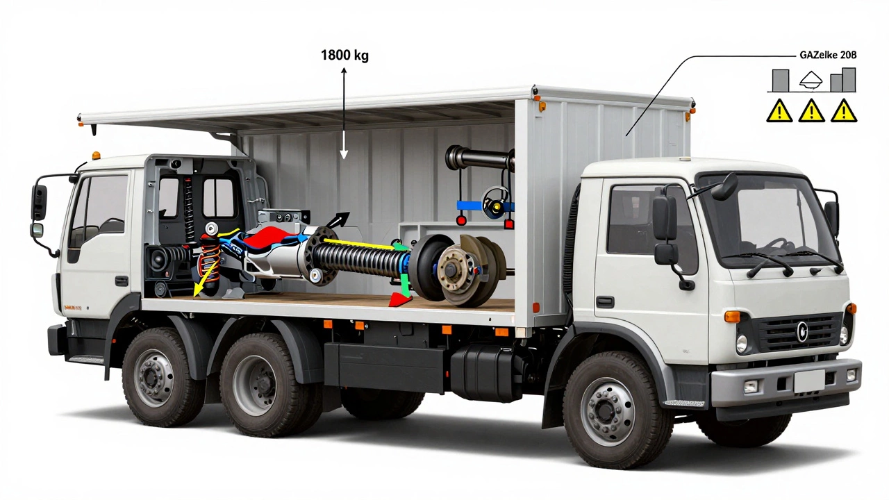 Схематичный разрез Газель Нефт с указанием нагрузки на подвеску и тормоза, рядом — изношенная старая модель.