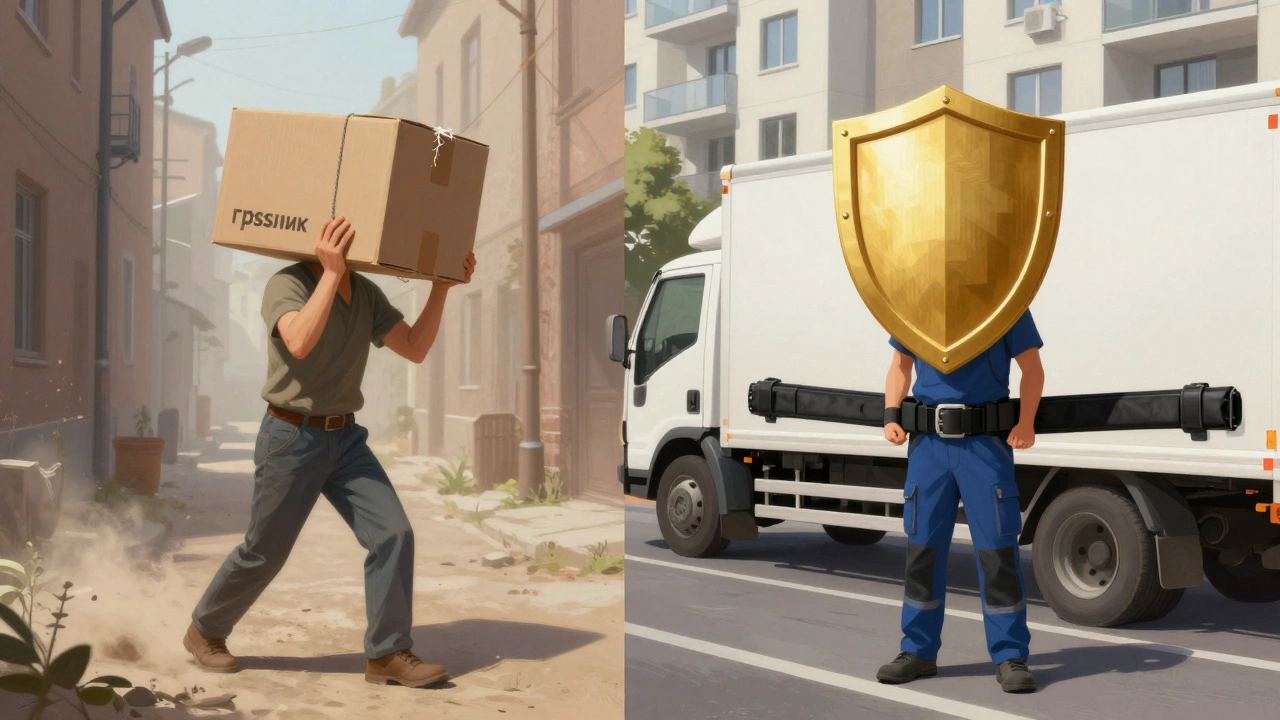 Сравнение: российский грузчик с самодельным снаряжением и американский mover с профессиональным оборудованием.