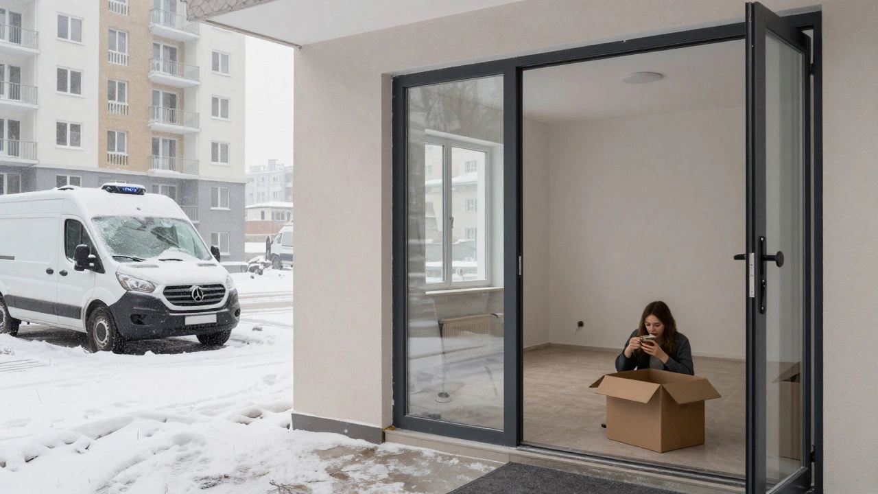 Тихий январский переезд в новостройку: снег, чистый вход, одинокий человек с чашкой чая в пустой квартире.