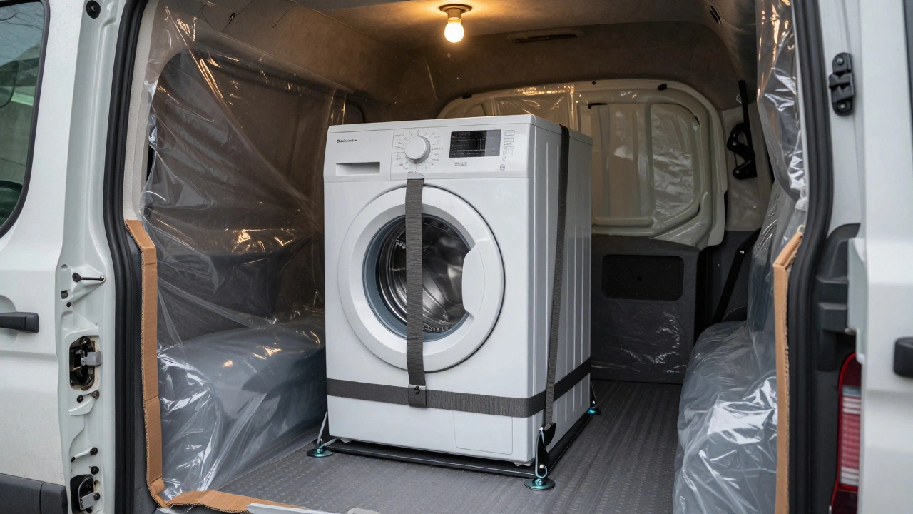 Внутри Газели: стиральная машина и холодильник стоят вертикально, надежно закреплены ремнями и упакованы в пленку.