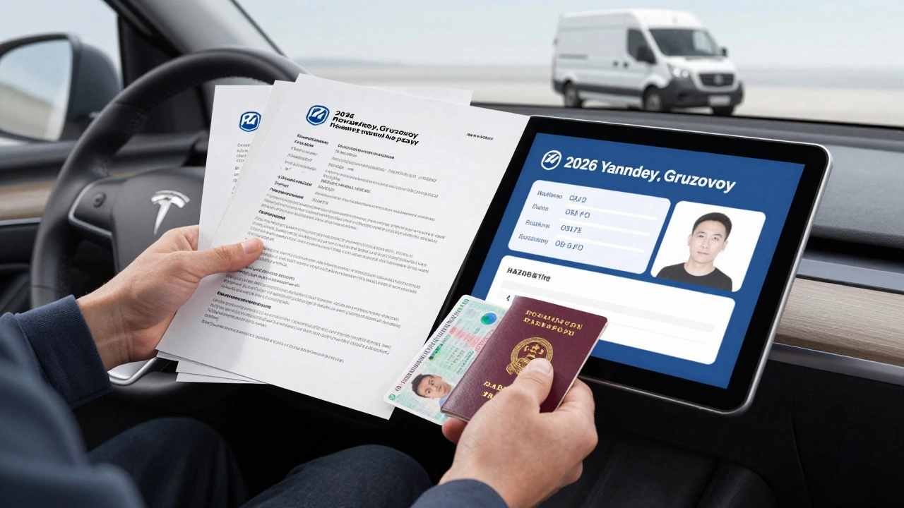 Водитель передаёт документы для Яндекс Грузовой: ПТС, ОСАГО, водительское удостоверение.
