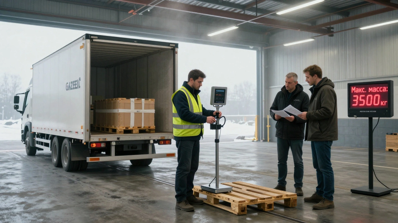 Водитель взвешивает паллету у склада, за ним Газель Next с зарегистрированным прицепом, зимний туман.