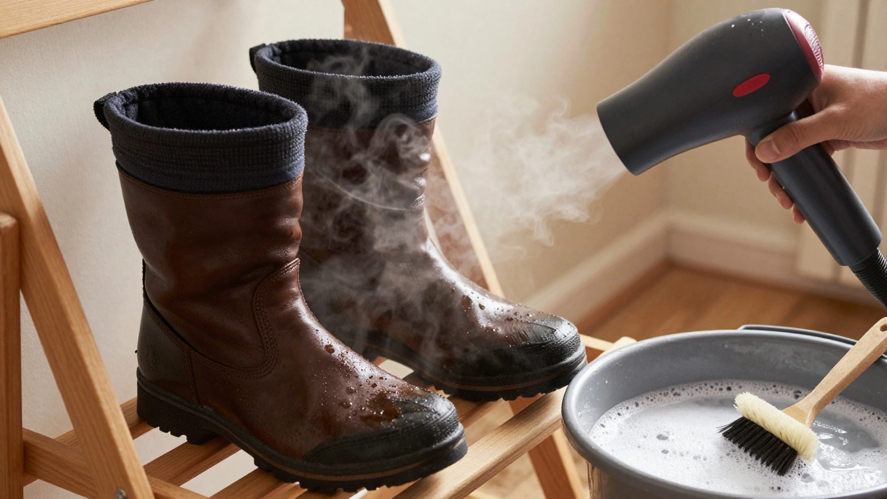 Зимние ботинки сушатся в помещении с помощью фена на холодном режиме.