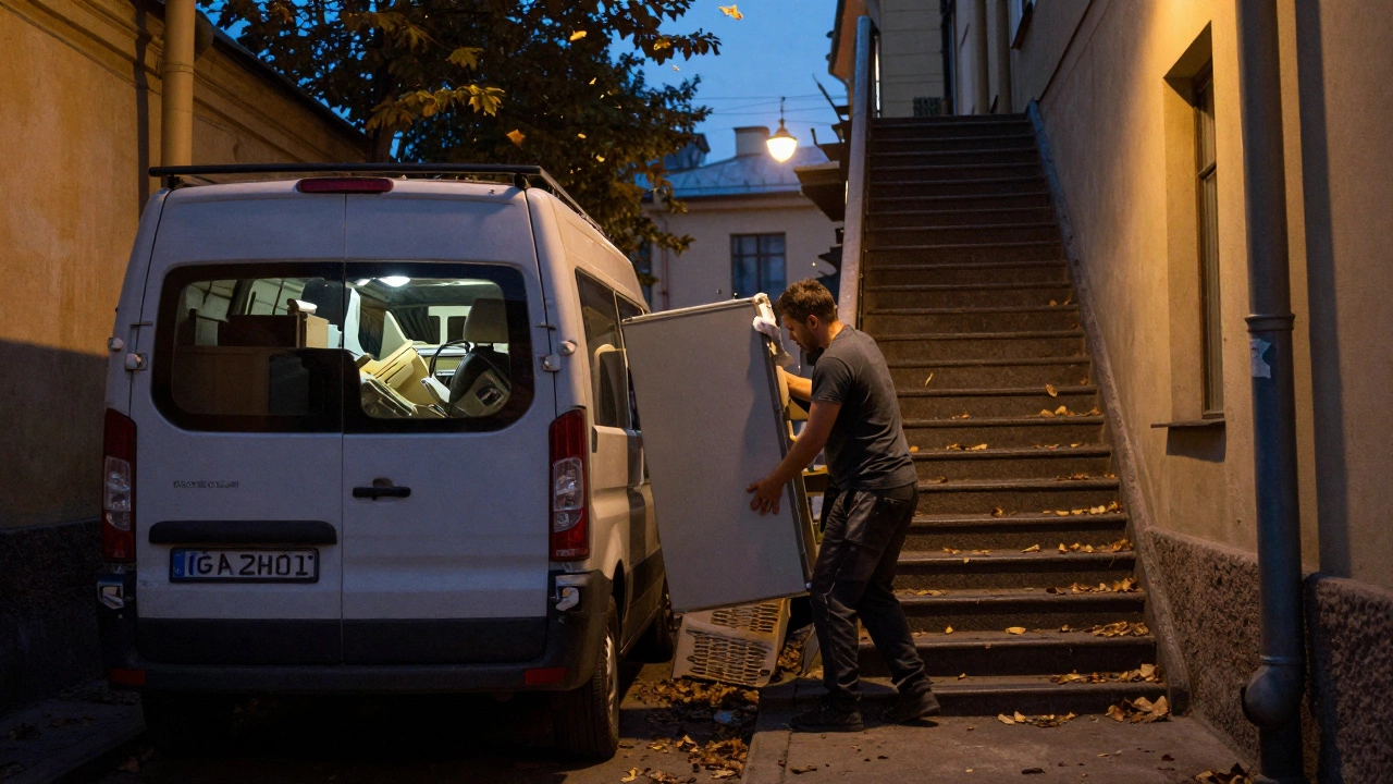 Два грузчика несут холодильник по лестнице в вечернем дворе Санкт-Петербурга.