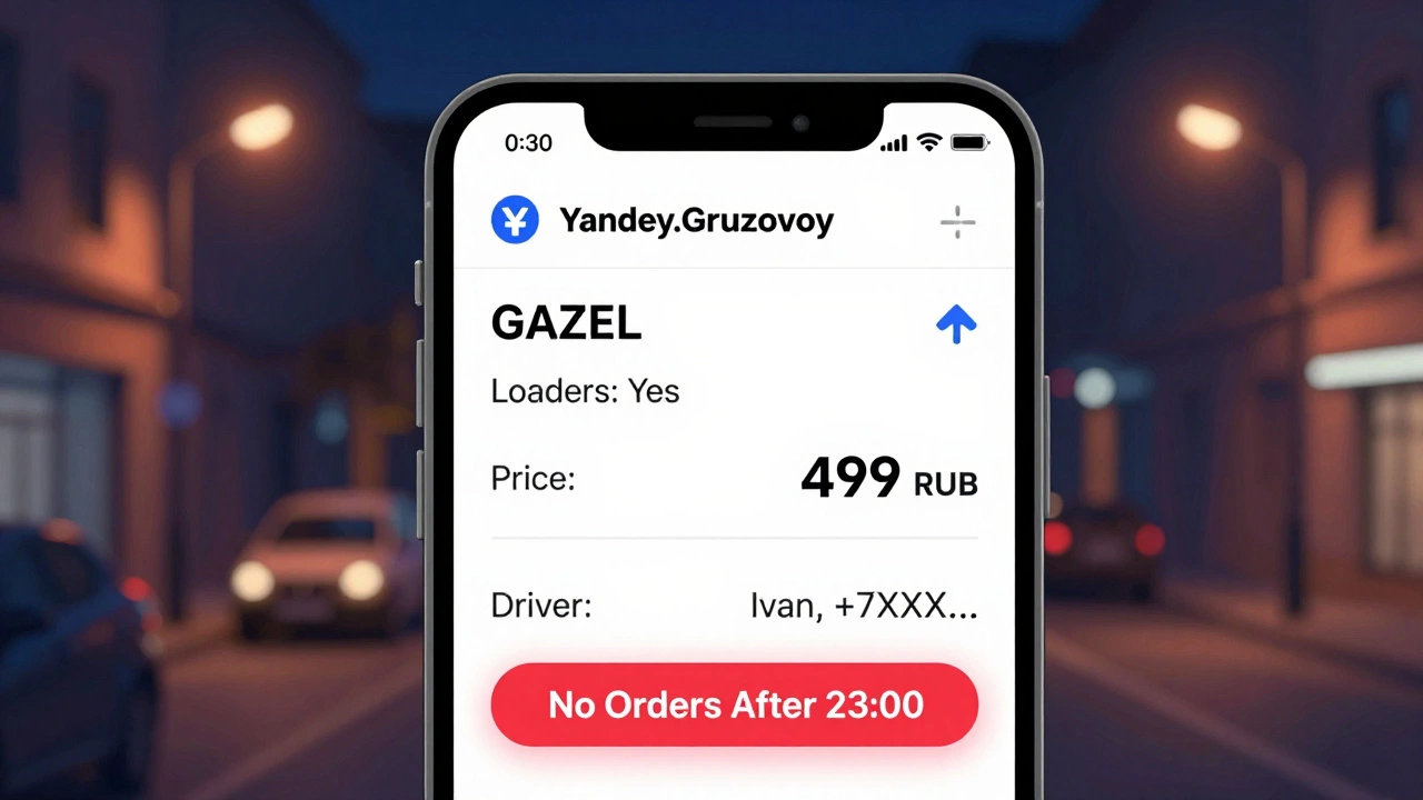 Экран телефона с приложением Яндекс Грузовой: выбрана ГАЗЕЛЬ, цена, данные водителя и уведомление 'Заказы после 23:00 недоступны'.