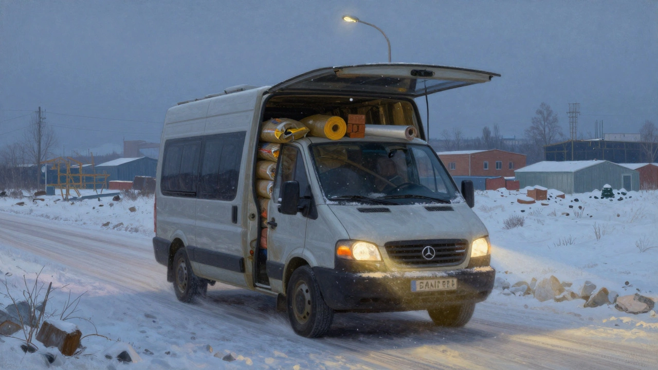 Газель на снежной дороге с грузом стройматериалов при сумерках в российской провинции.
