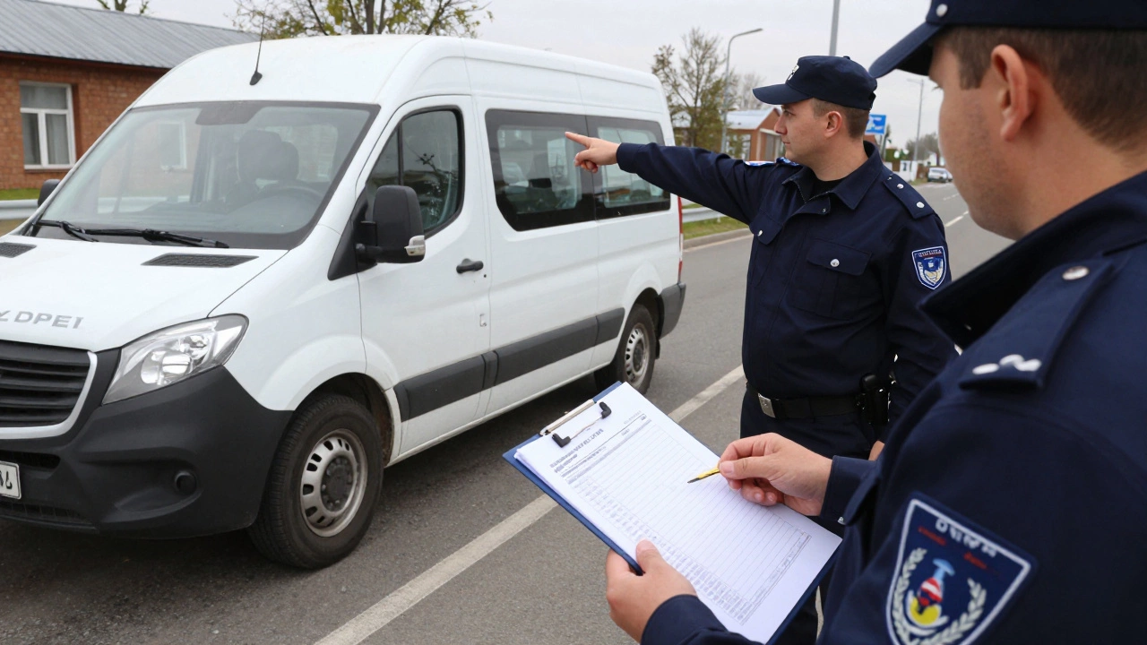 Инспектор ГИБДД проверяет документы у водителя Газели на дорожном посту.
