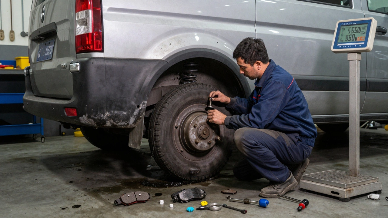 Механик осматривает изношенные рессоры и тормозные колодки на ГАЗели Бизнес, инструменты и весы с превышенной нагрузкой на заднем плане.