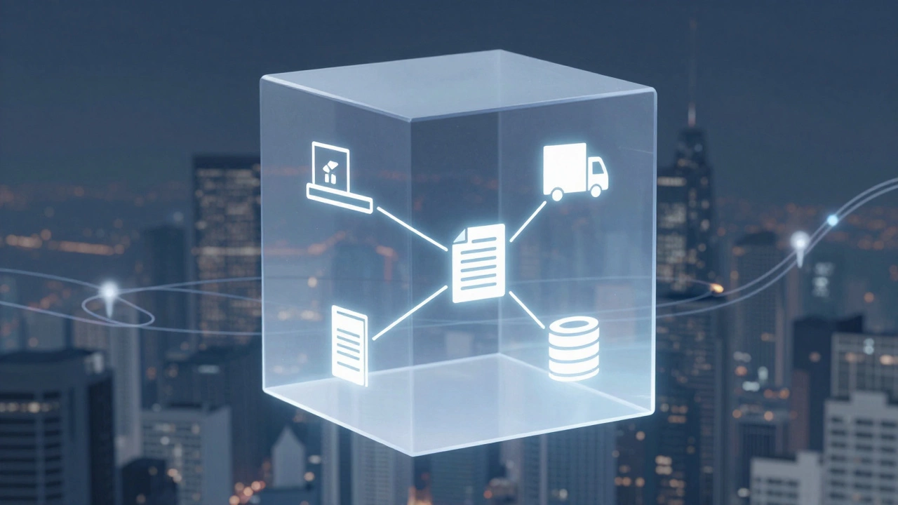 Прозрачная модель грузовой операции с иконками погрузки, отслеживания и хранения над городом.