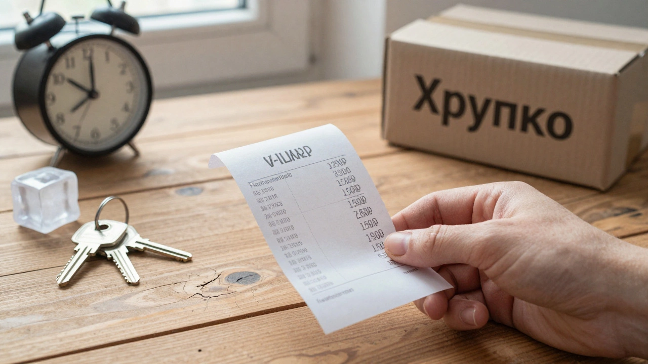 Расписка с ценами на аренду ГАЗели лежит на столе рядом с часами, льдом и коробкой 'Хрупко'.