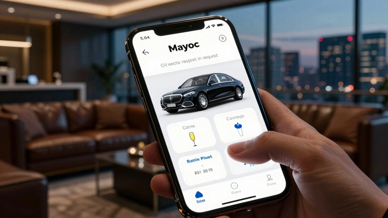 Рука в кольце выбирает параметры аренды люксового автомобиля на экране смартфона.