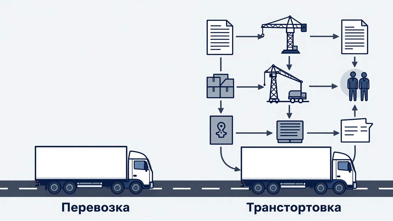 Сравнение простого перемещения груза и сложного логистического процесса с несколькими этапами.