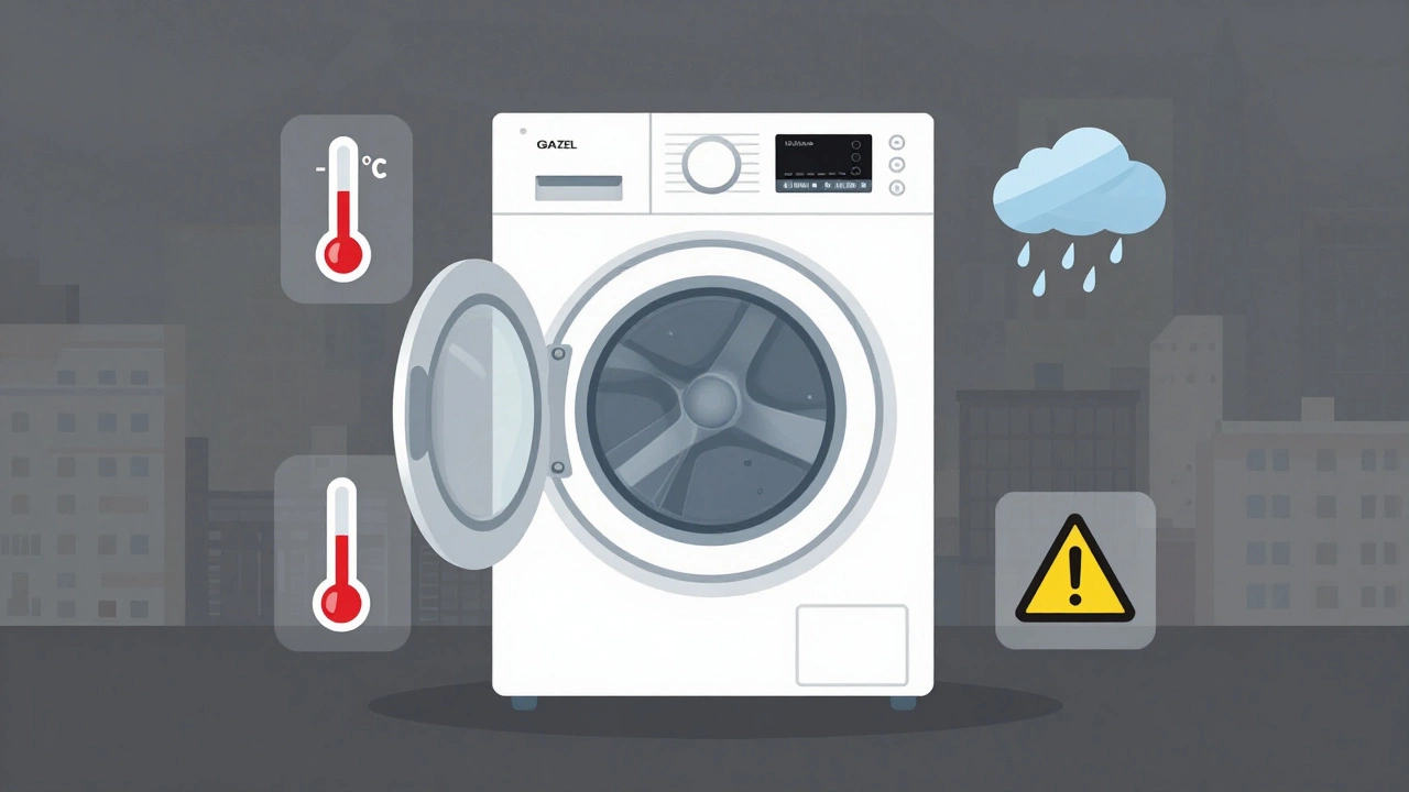 Стиральная машина с транспортировочными болтами в кузове Газели, окруженная символами температуры, дождя и предупреждений о перевозке.