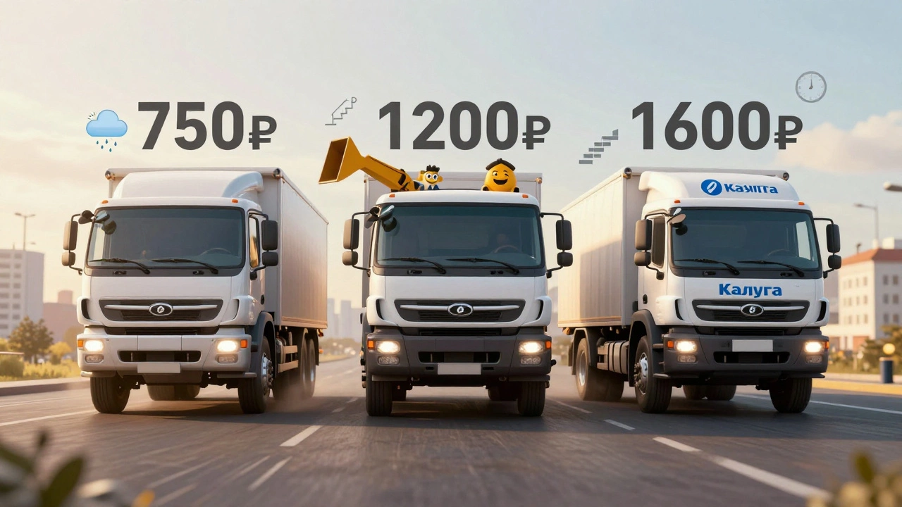 Три ГАЗели с разными ценами и услугами: без грузчиков, с грузчиками и корпоративная — над городом Калуга.