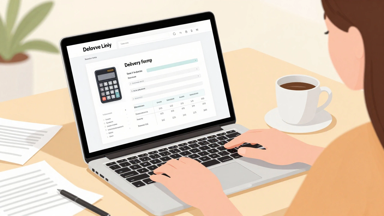 Женщина заполняет форму отправки на сайте Деловых линий на ноутбуке.