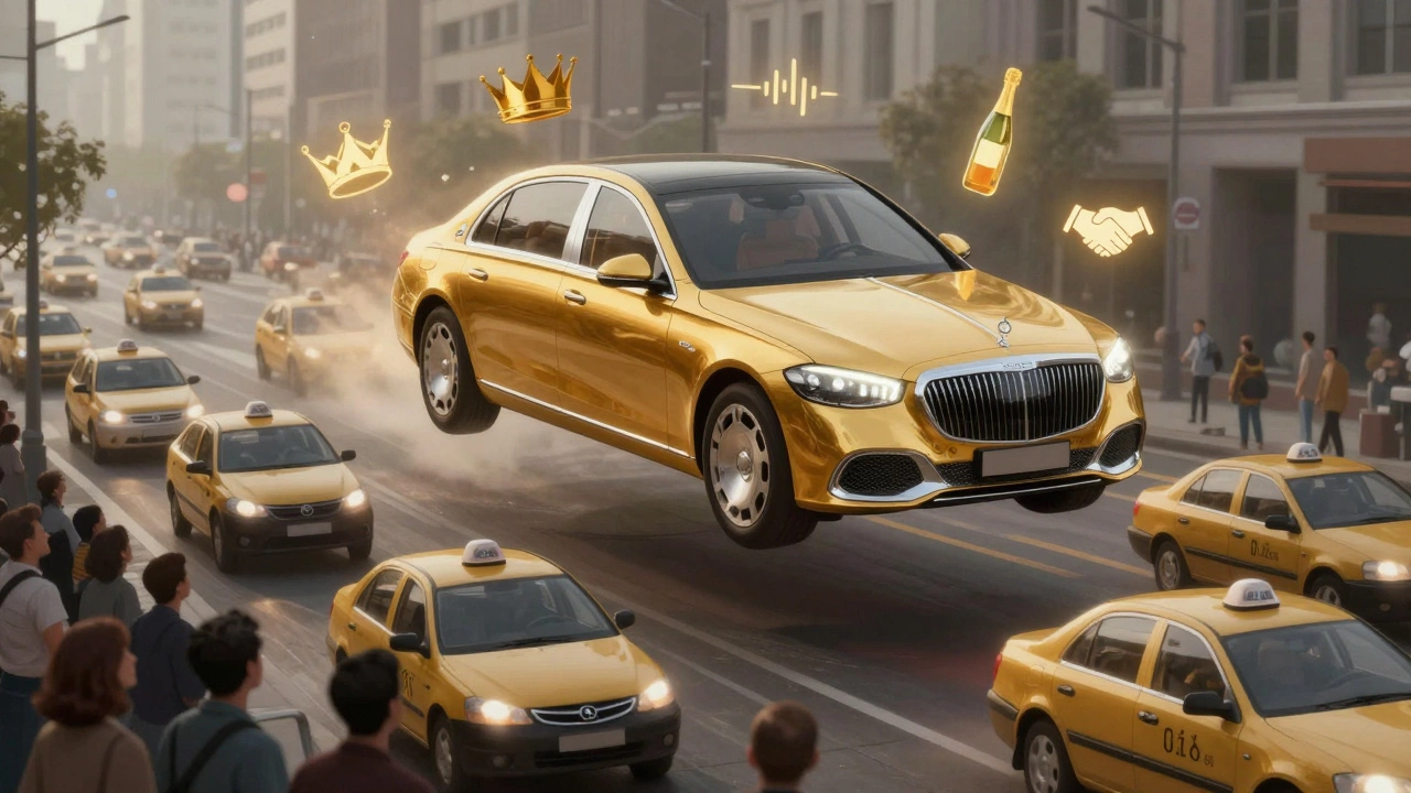 Золотой Maybach парит над обычными такси, символизируя превосходство роскоши.