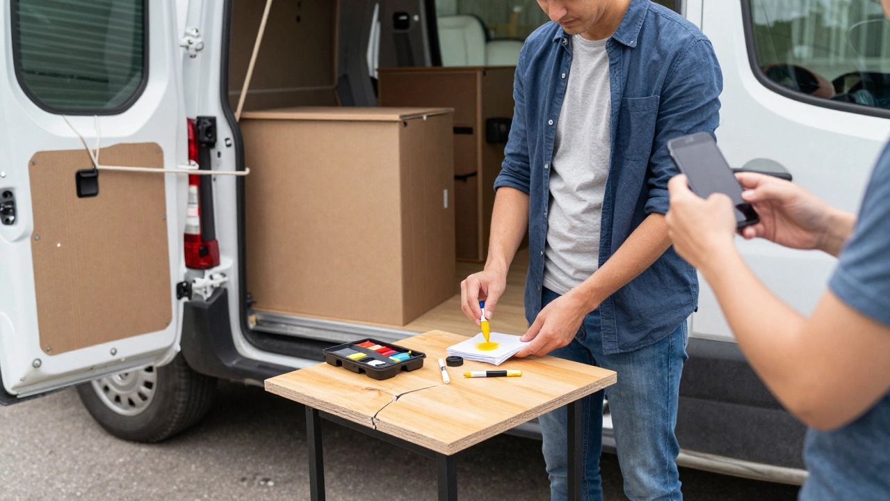 Человек осматривает поврежденный стол после перевозки, рядом — ремонтный набор и фото повреждения.