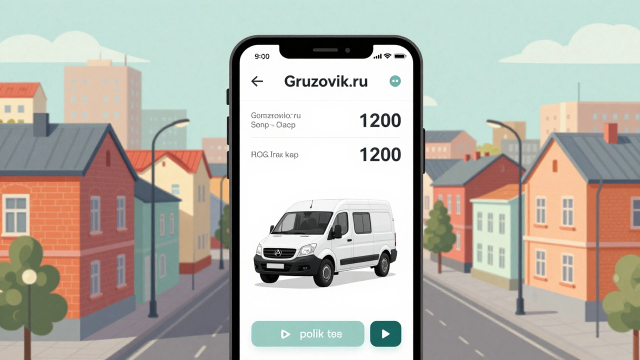 Экран телефона с приложением для заказа ГАЗЕЛИ, цена 1200 рублей, городской пейзаж на фоне.