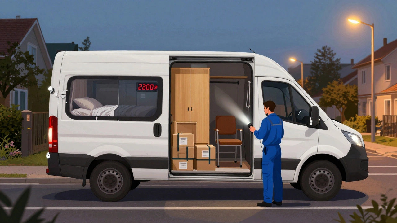 Газель 4 метра с закрытым кузовом, полностью загруженная мебелью, стоит на улице при вечернем свете, на двери — цена 2200 ₽.