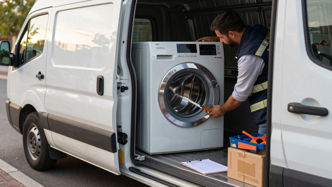 ГАЗЕЛЬ Next с закрепленной стиральной машиной внутри, рабочий регулирует ремни, дневной свет.