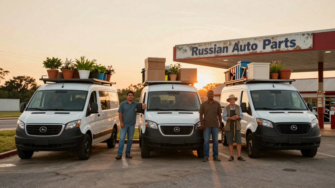 Группа владельцев ГАЗелей разных профессий стоит рядом со своими грузовиками на заправке на закате.