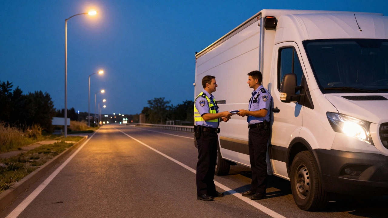 Инспектор проверяет водителя и бумаги у машины