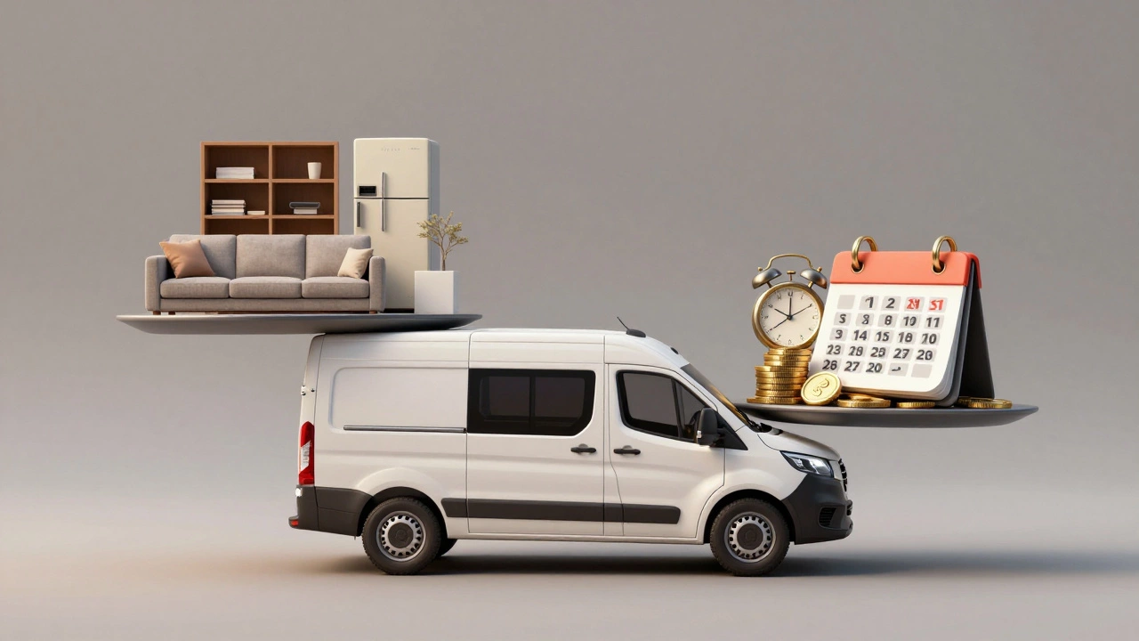 Концептуальное изображение Газели 4 метра как баланса между мебелью и факторами стоимости: время, день недели, расстояние.