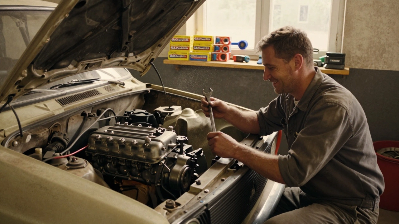 Механик в гараже чинит двигатель ГАЗели с открытым капотом, в руке гаечный ключ, вокруг — запчасти из России.