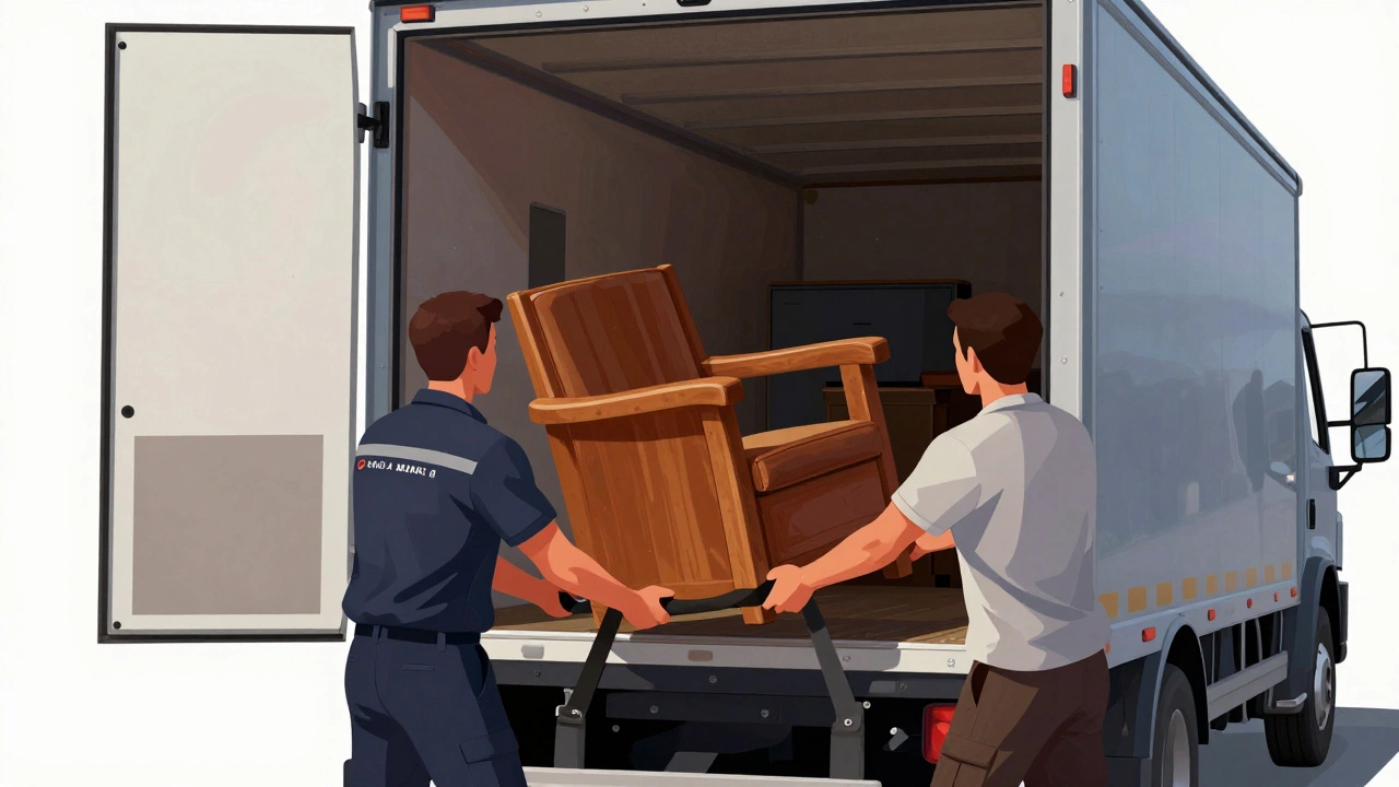 Рабочие загружают мебель и коробки в большой закрытый транспортный автомобиль.