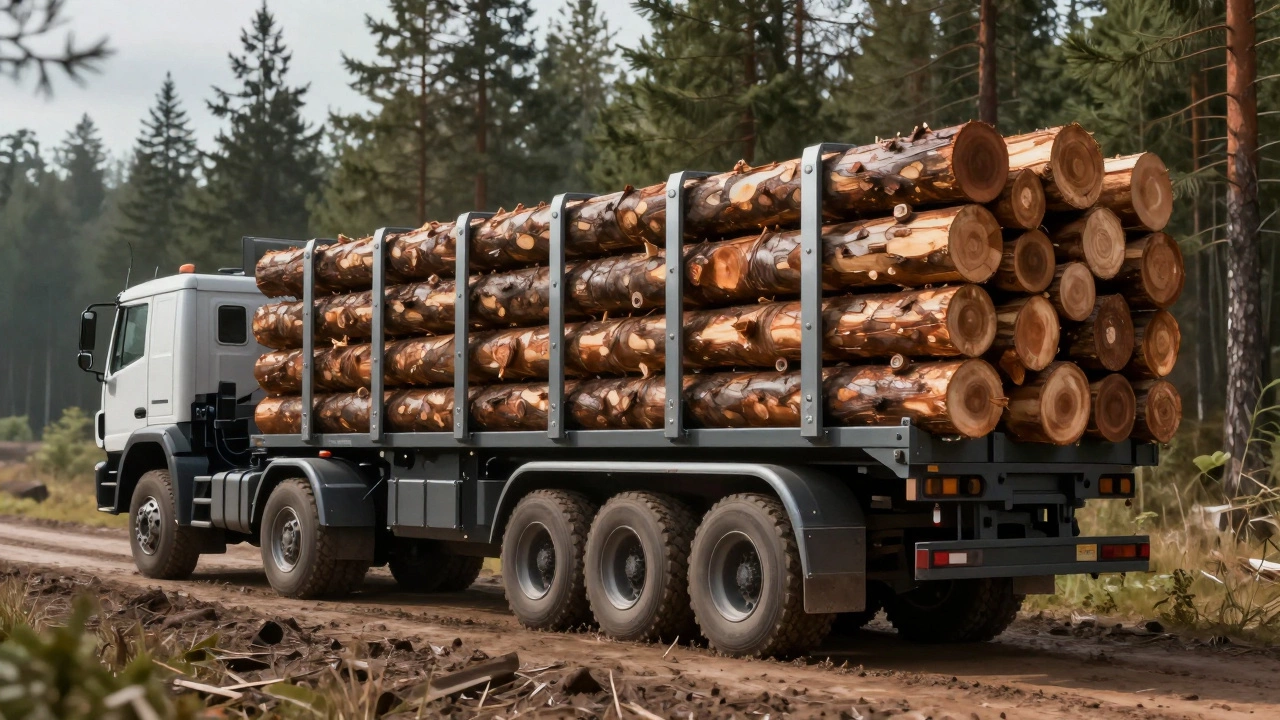 Специализированный лесовоз КамАЗ с прицепом, перевозящий длинные брёвна по лесной дороге.