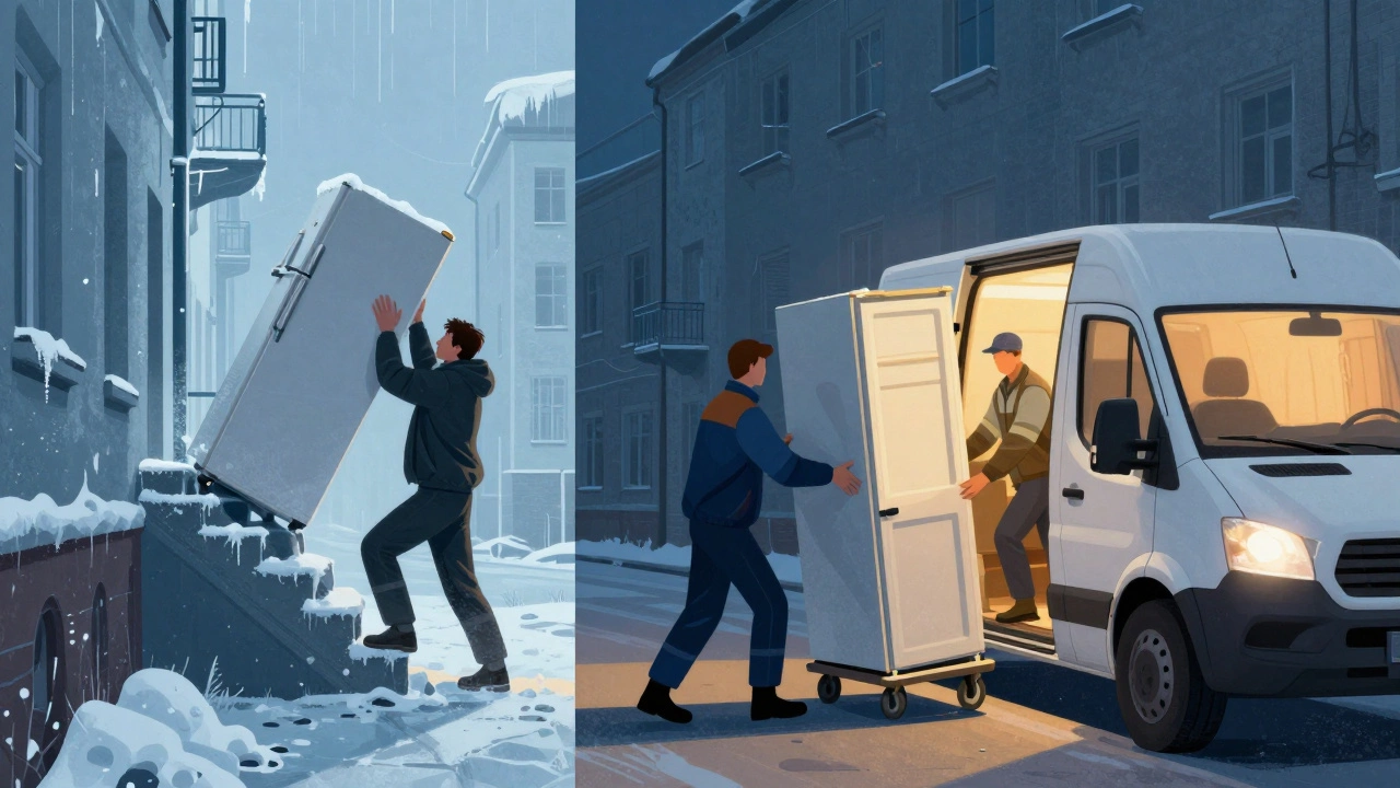 Сравнение: один человек тяжело несёт холодильник по лестнице и профессиональные грузчики с дolly в ГАЗели.