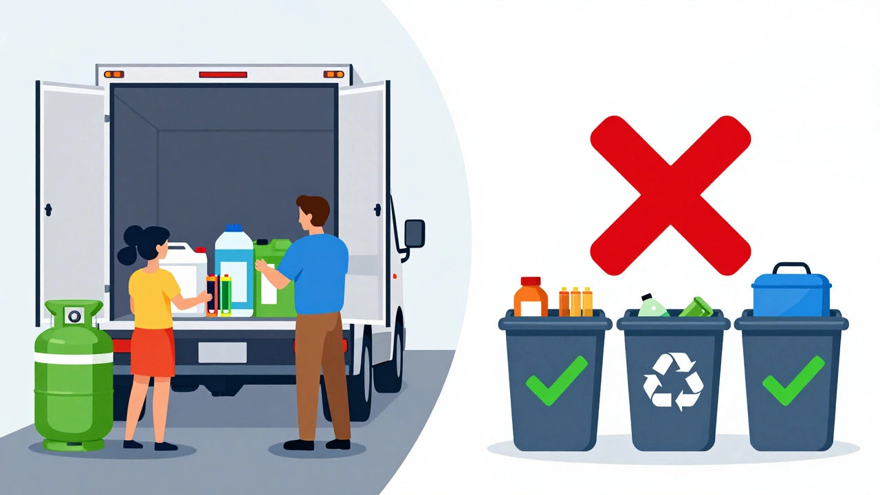 Сравнение: слева — запрещённые предметы в грузовике, справа — их безопасная утилизация на пункте приёма.