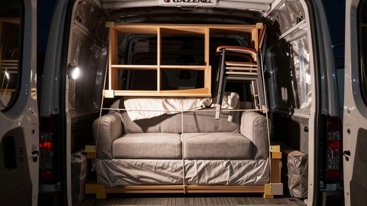 В кузове Газели мебель аккуратно уложена и зафиксирована одеялами и веревками, освещена фонариком.