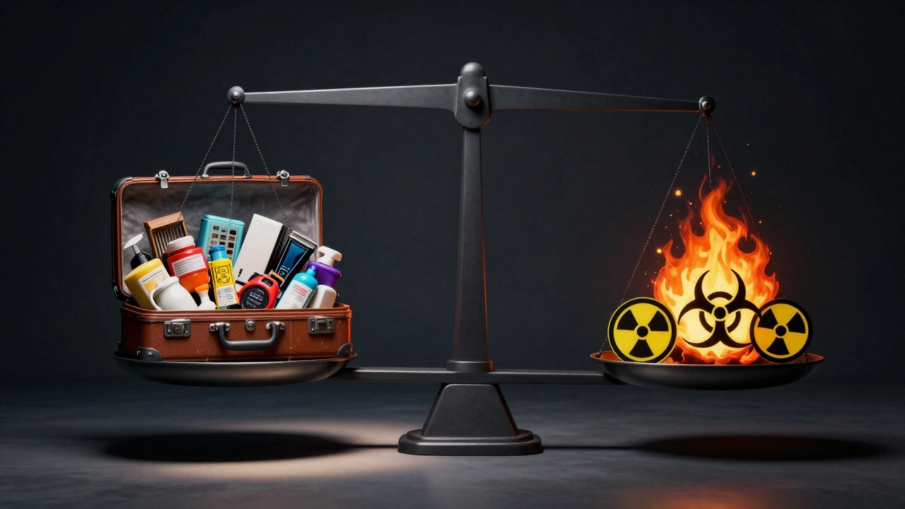 Весы с чемоданом бытовых вещей против символов опасности — перевес в сторону риска.