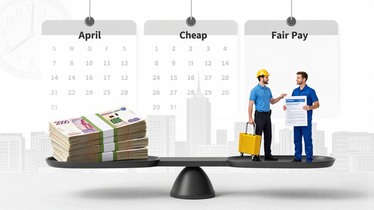 Весы: с одной стороны — дешевая оплата, с другой — профессиональный грузчик и клиент, символизирующие честную цену.