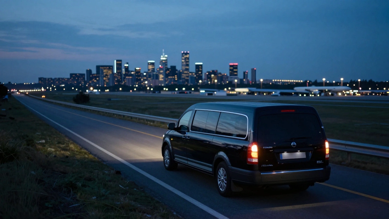 Черный катафалк едет по дороге в сторону аэропорта в сумерках