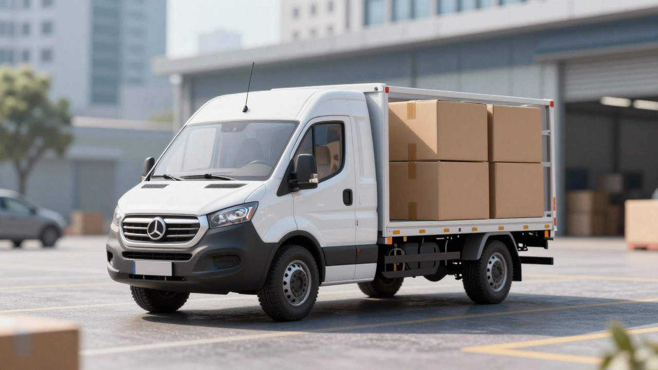 Газель Бизнес с грузом коробок на фоне городского склада