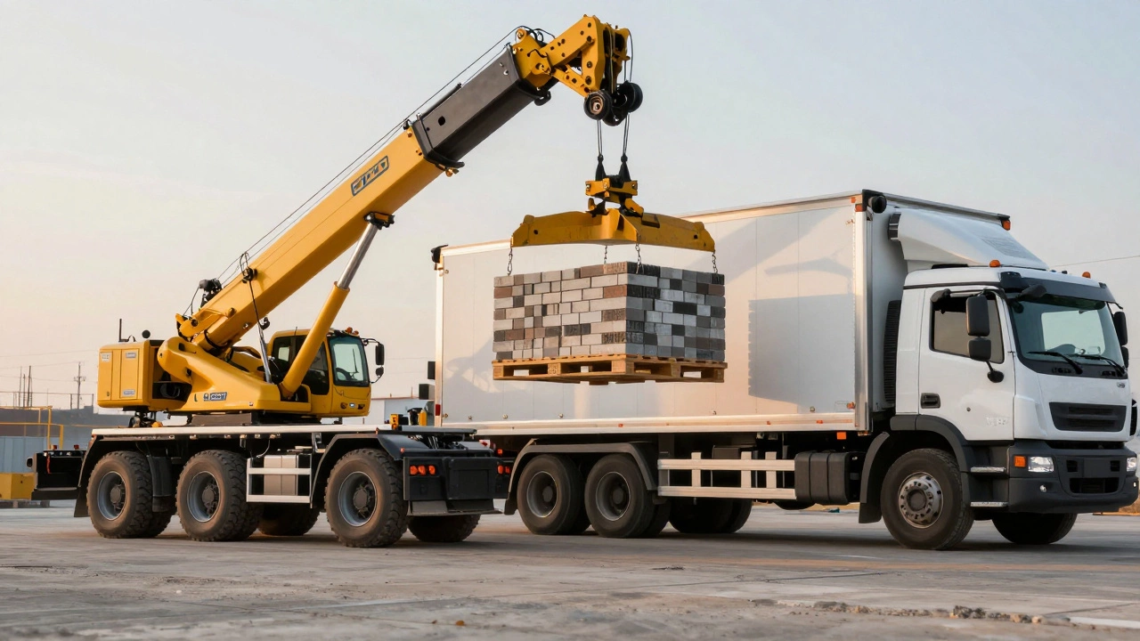 Грузовик-манипулятор разгружает строительные материалы на объекте