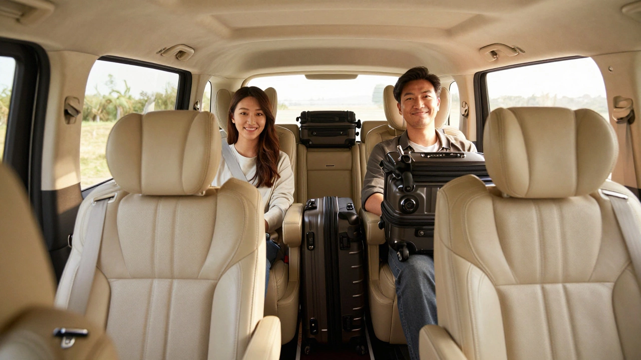 Интерьер премиального минивэна с пассажирами и багажом в задней части салона.