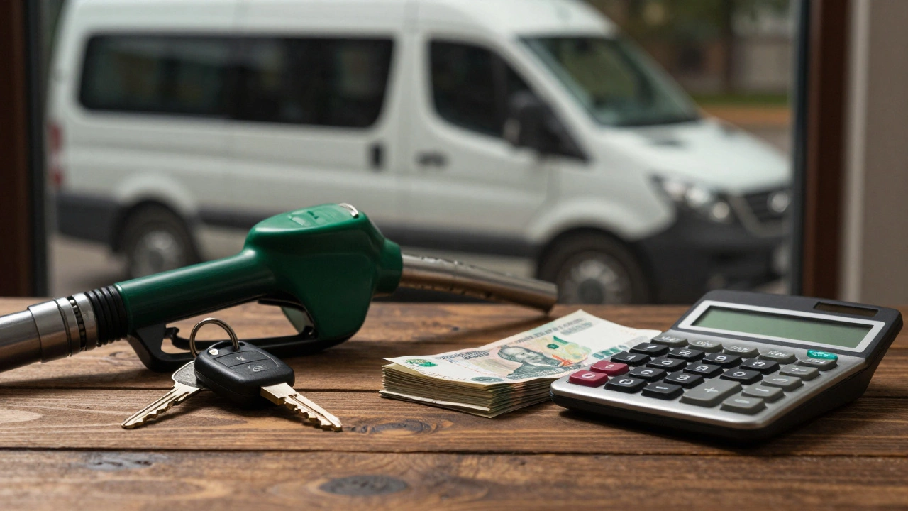 Ключи от машины, деньги и калькулятор на столе на фоне грузовика