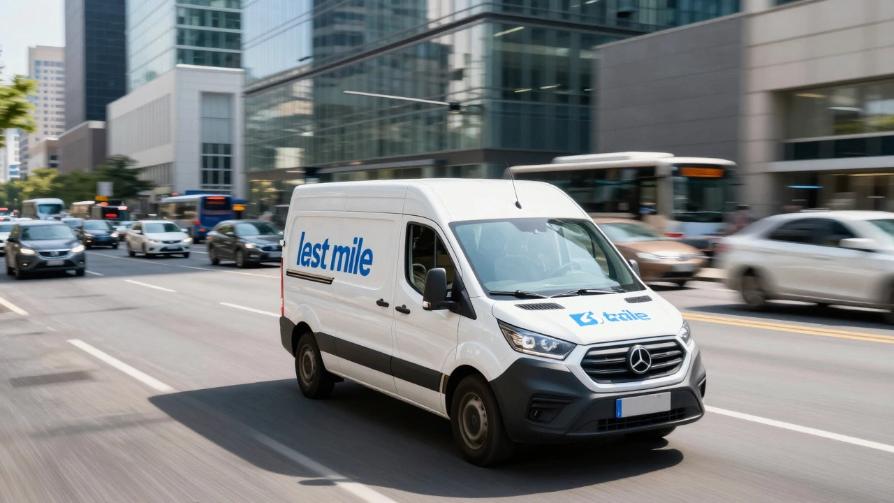 Небольшой фургон осуществляет экспресс-доставку товаров в оживленном городе