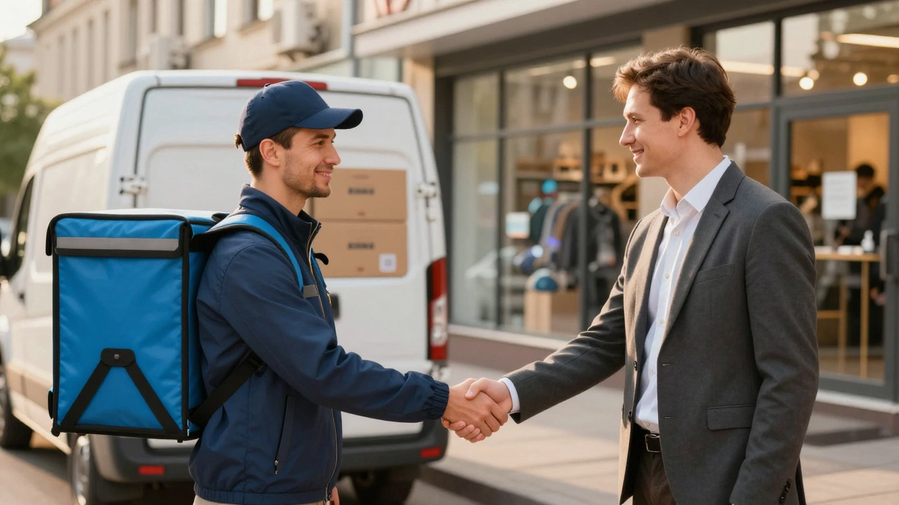 Рукопожатие водителя и владельца бизнеса на фоне загруженного грузового автомобиля