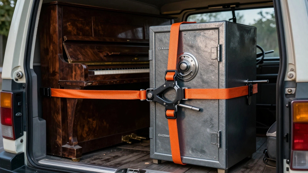 Сейф и пианино, надежно закрепленные ремнями в кузове Газели для безопасной перевозки