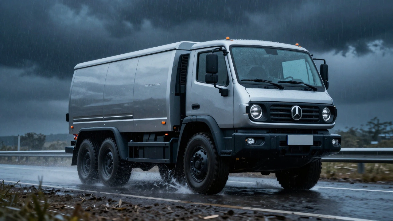 Современная Газель Некст, уверенно едущая по мокрой дороге