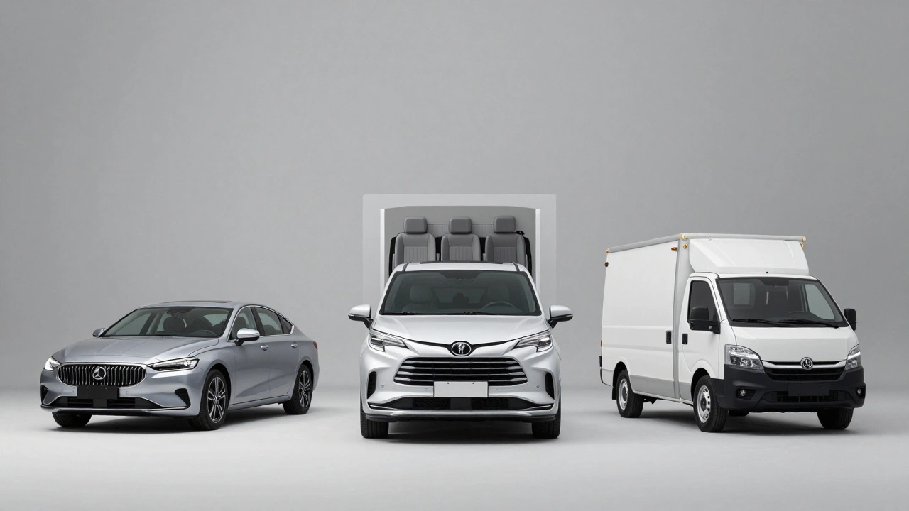 Сравнение размеров седана, минивэна и грузового такси Газель на сером фоне.