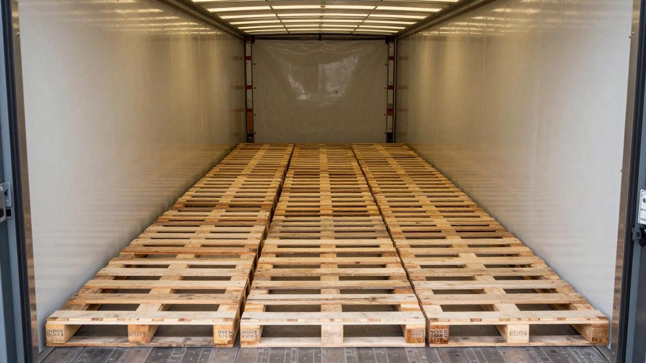 Вид сверху на 33 европаллета, аккуратно расставленные внутри кузова фуры
