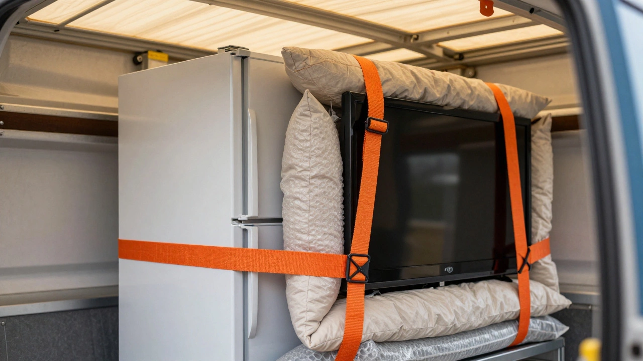 Закрепленный ремнями холодильник и телевизор в кузове автомобиля