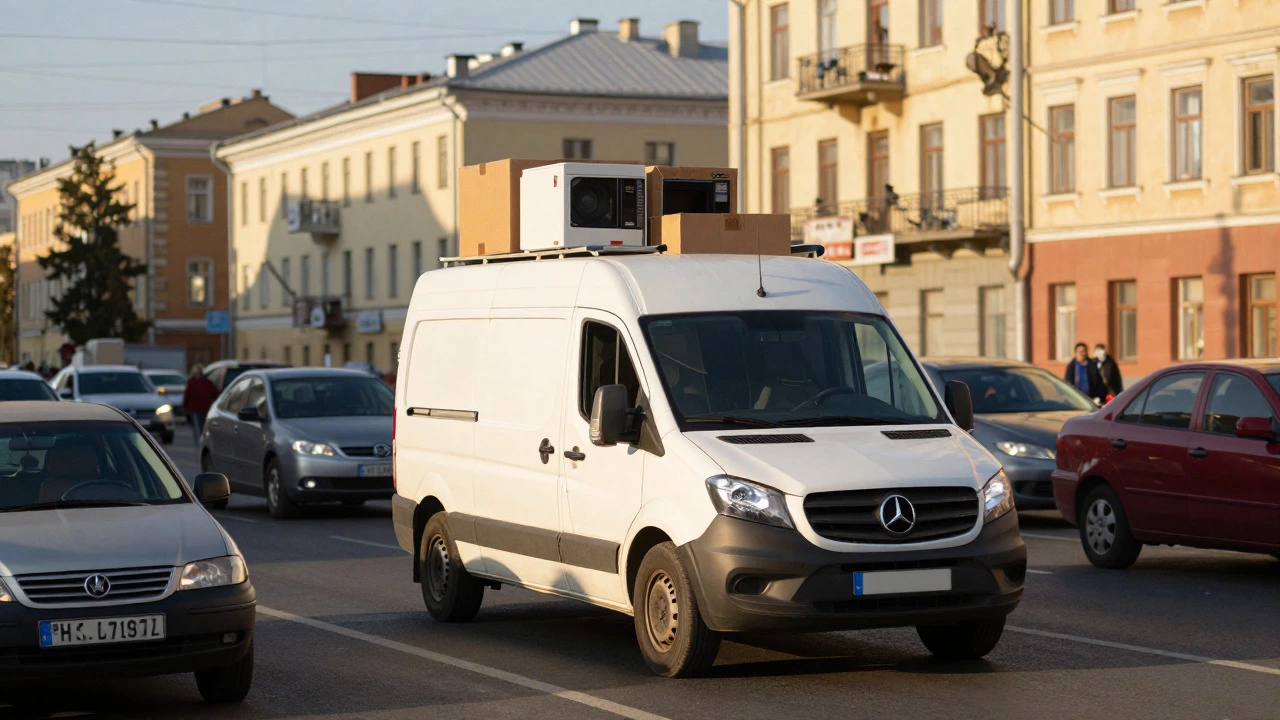 Белая Газель с мебелью едет по городской улице в России, демонстрируя доставку последней мили