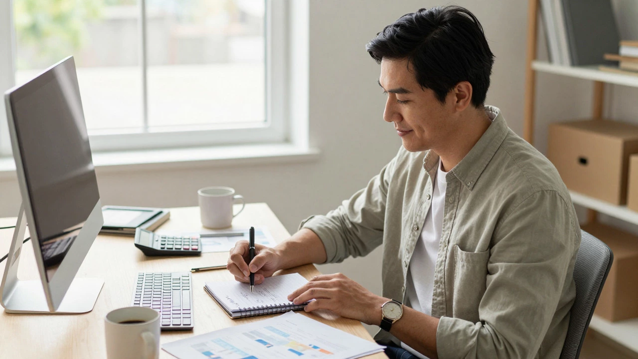 Business owner reviewing handwritten financial notes at a home desk